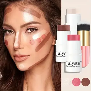 4-Piece Waterproof Cream Contour Stick Set - Highlighter Makeup, Blush & with Golden Powder Brush - Beauty Highlighters Under 1 Fl Oz Shimmery Medium Coverage for All Glow Seeker Highlighter