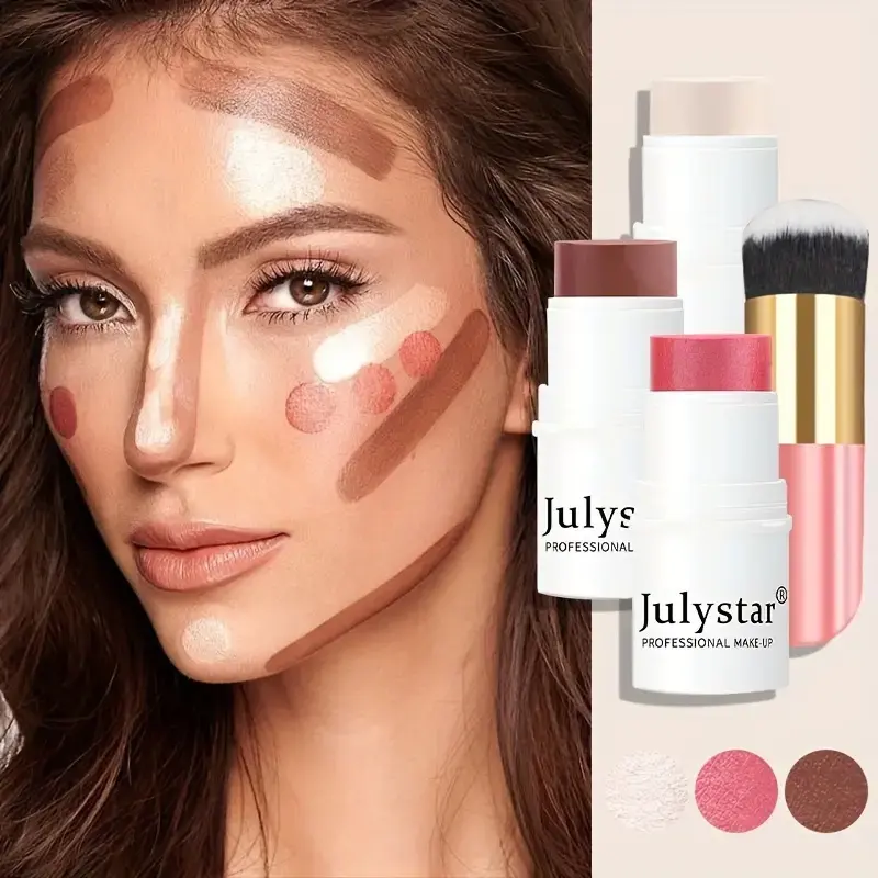 4-Piece Waterproof Cream Contour Stick Set - Highlighter Makeup, Blush & with Golden Powder Brush - Beauty Highlighters Under 1 Fl Oz Shimmery Glowy Highlighter Medium Coverage for All Glow Seeker Highlighter Long Lasting Highlighter