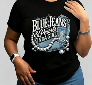 Casual Women's Blue Jeans and Pearls Graphic Cotton Short Sleeve Round Neck T-Shirt with Geometric Design Ideal for Spring Summer Daily Wear Relaxed Fit Streetwear Top