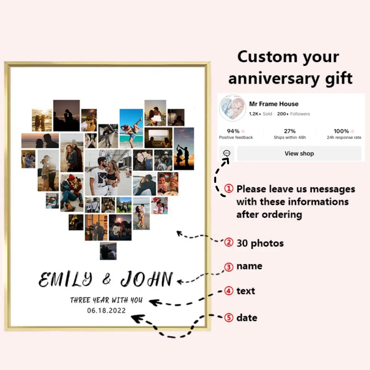 Heart-Shaped 30-Photo Custom Collage Frame - Sturdy Corrosion-Resistant Aluminium Frame with Flip Cover, Wall-Mount Home Decor, Personalized HD Canvas Print Keepsake for Wedding Anniversary, Birthday