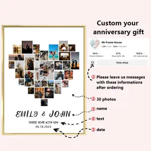 Custom Heart-Shaped Collage Photo Frame, Personalized Unique Keepsake for Wedding Anniversary Birthday,30 Photos Design High-Quality Frame HD Canvas Print Wall Art Decor