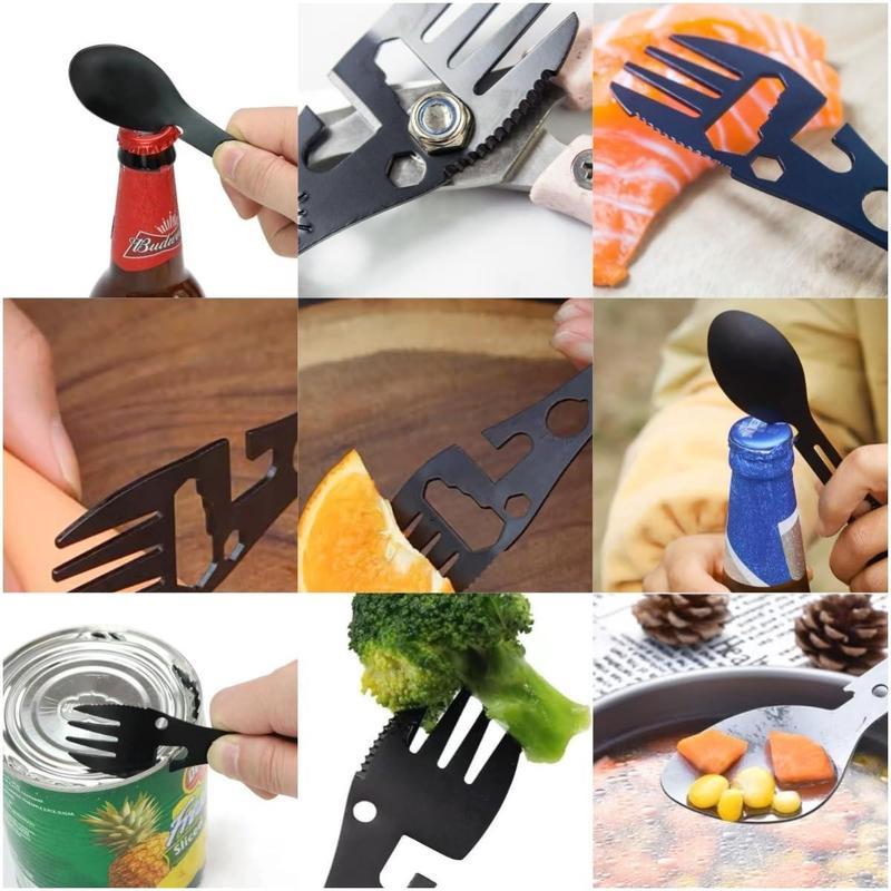 Multifunctional Outdoor Fork Spoon Detachable Tableware,10-in-1 Utility Tactical Spork, Stainless Steel Spoon & Bottle Opener, Fork & Knife, Combo Camping Utensil for Hiking(Black)