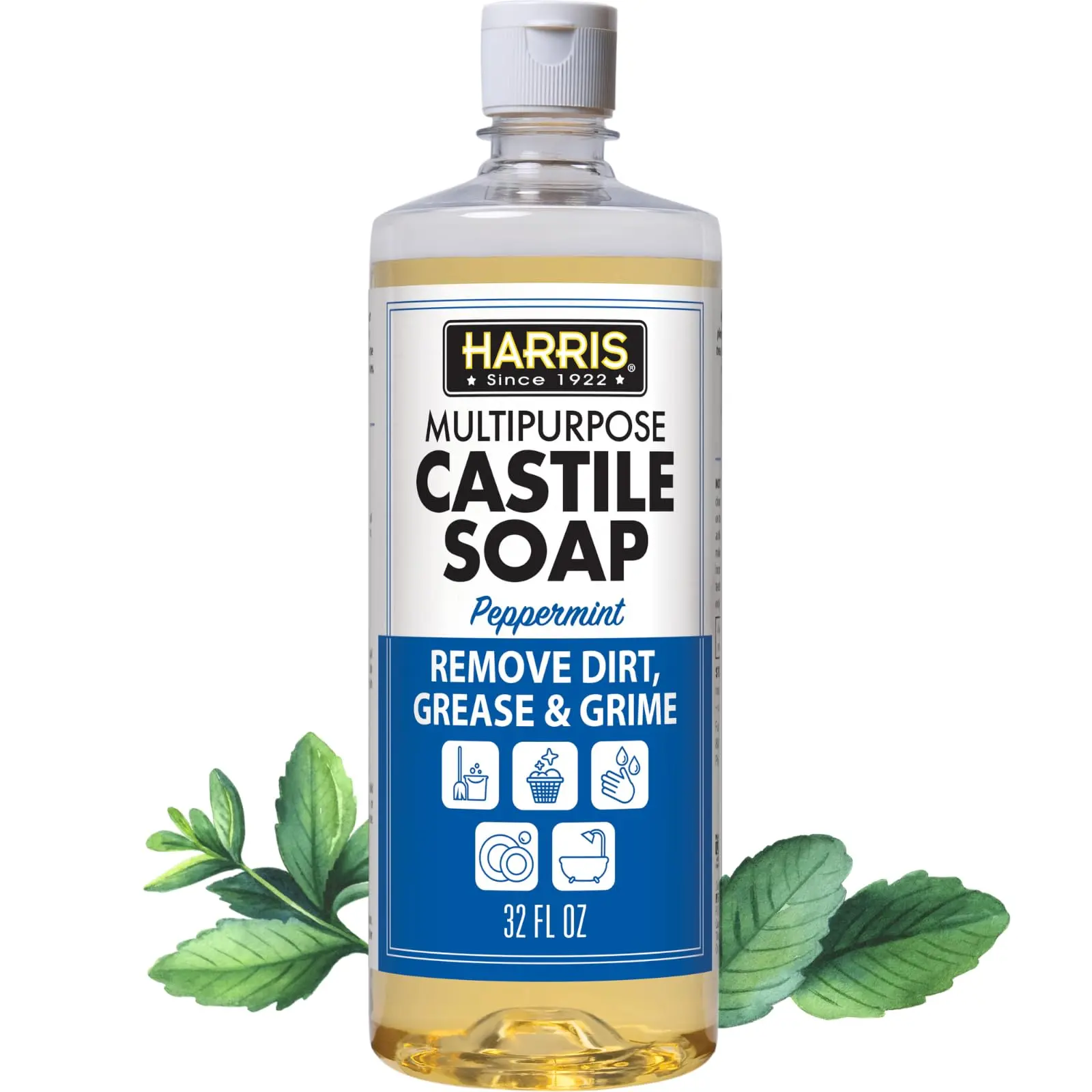 Multi-Purpose Pure Castile Soap, Made with Olive, Coconut, and Pine Tree Oil, Uses for Face, Body, Hand, Hair, Home, Dishes, and Laundry, Peppermint, 32 Fl Oz