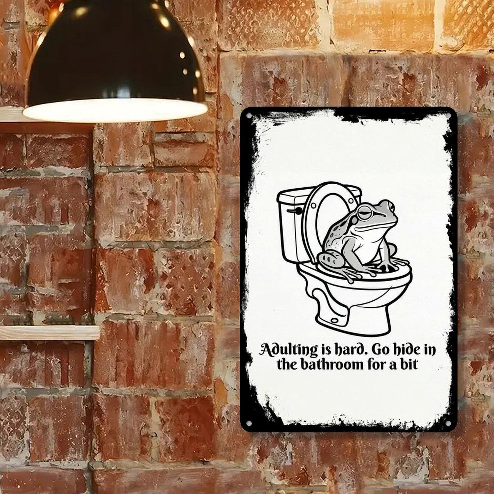 "Adulting is Hard" Funny Frog Bathroom Metal Sign, 8x12 Inch Retro Black & White Toilet Wall Decor for Home
