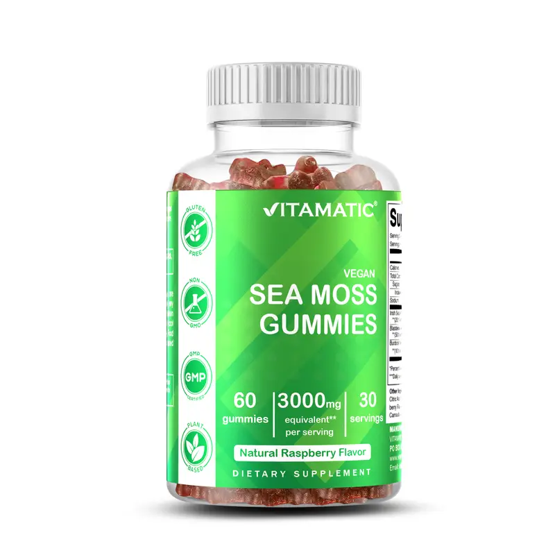 Vitamatic Irish Sea Moss Gummies 3000 mg 60 Vegan Gummies Pectin Based Non-GMO Gluten Free Natural Raspberry Flavor Supports Energy & Immune Health