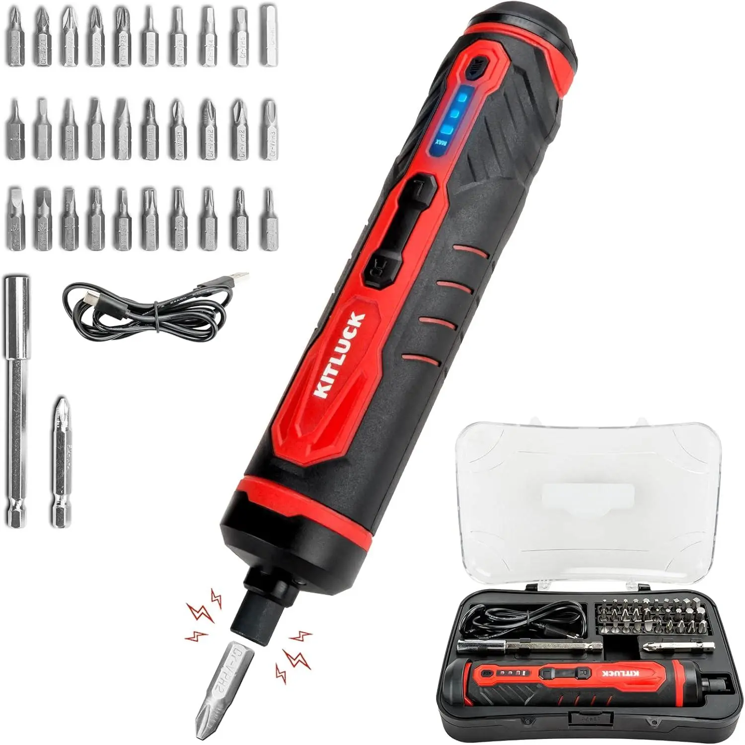 Electric Screwdriver, 4V Power Cordless Screwdriver Rechargeable Set with Li-Ion Battery, 31 Bits&Extension Rod, 3 LED, 3 Adjustable Torque, Magnetic Hex Chuck, Mini Electric Screw Driver Kit KITLUCK