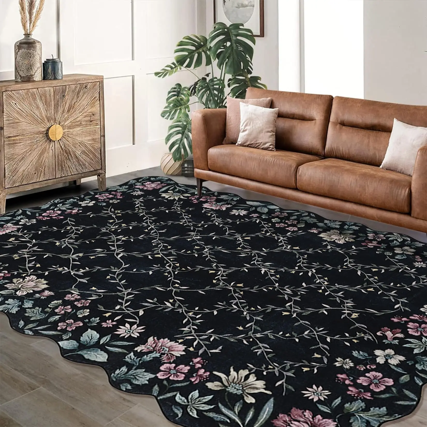 Washable Foldable Flower Pattern Cozy Decorative Area Rug, Modern Entwined Flowers Design, Black - Decor for Living Room, Multi-Area Fit Household Textile Carpet, Cozy Area Rug, Flower Pattern Rugs