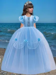 Girl's Floral Appliques Faux Pearls Decor Tulle Dress, Elegant Puff Sleeve Round Neck Fit & Flare Dress for Birthday Party Performance, Kids Summer Clothes