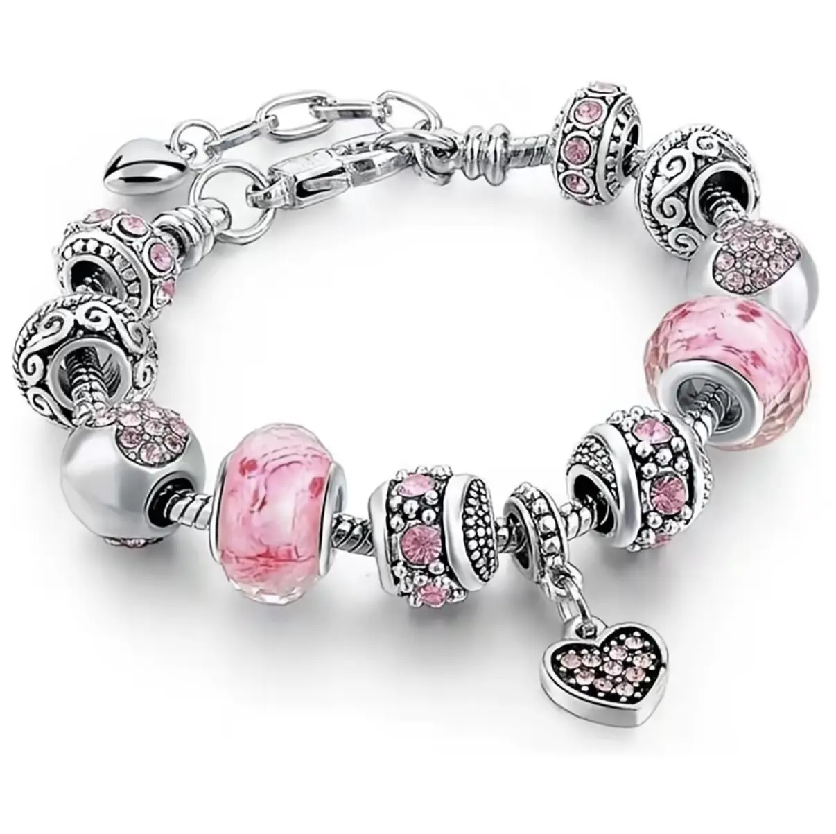 Bracelet Set for Women, Boho Pink Heart Charm with Adjustable Snake Chain & Beading Strand, Valentine's Day Gift Pair, 7.5 inches - 9 inches, All Seasons, Arm Candy Accessories, Casual