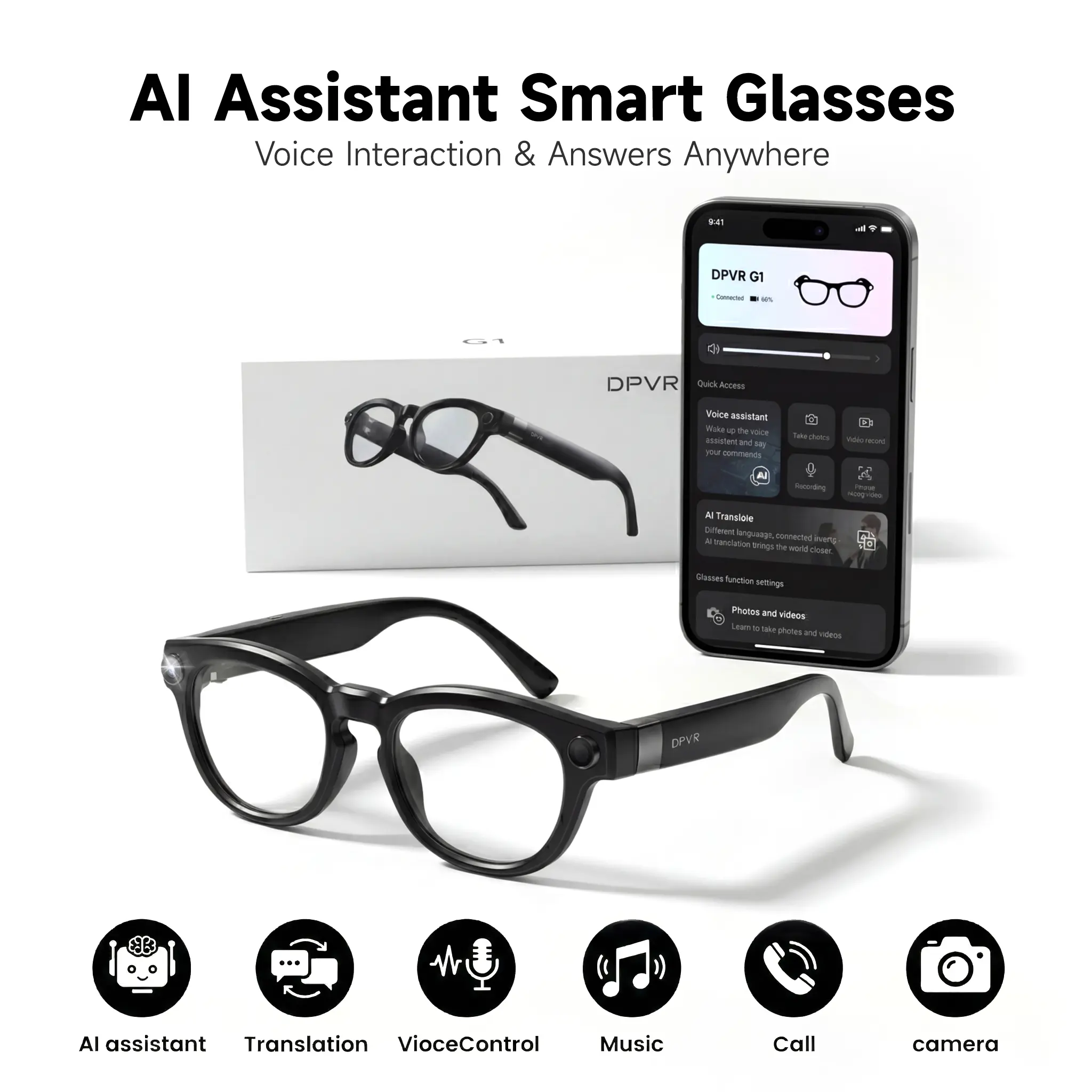 DPVR G1 Smart Glasses — AI Translation, Bluetooth Camera Sunglasses with Voice Assistant, 1080P Photo & Video Capture, Supports Offline Shooting & Storage, Bluetooth Headset Glasses, A Must-Have for TikTokers