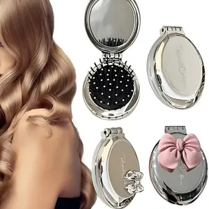 Portable Mini Pocket Mirror, Folding Comb, Girl Women Portable Round Small Travel Massage Hair Brush with Mirror, Makeup Mirror, Makeup Products, Hair Styling Comb, Detangler Brush, Anti Static Hairbrush