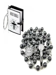 St. Benedict's Vintage Obsidian Cross Necklace, Catholic Rosary + Mini Bible Keychain Set, Obsidian Protection, Purifies Negative Energy, Personalized Rosary Necklace for Holy Communion and Baptism Prayer