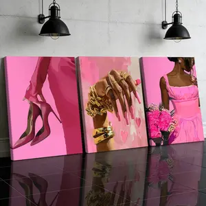 3 Counts Wooden Framed Canvas Painting, Elegant Pink Fashion Woman Art Images, Exquisite Poster, Perfect Living Room Decoration, Modern Art, Fashion Family Poster, Wall Art Decoration, Waterproof Art