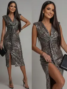 Leopard Print Sequin Dress, Women's Sexy Split Dress, Luxurious Sparkly V-Neck Fitted Gown, Party Blogger Style