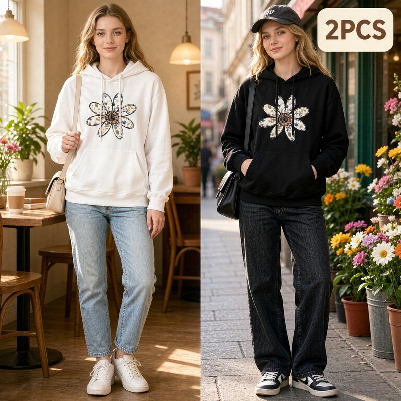 Women's 2-Pack Boho Floral Daisy Hoodies with Pockets - Lady's Cute Botanical Graphic Tops for Women, Soft Oversized Pullover Sweatshirts, Cozy Cottagecore Y2K Streetwear Loungewear Style Outfits