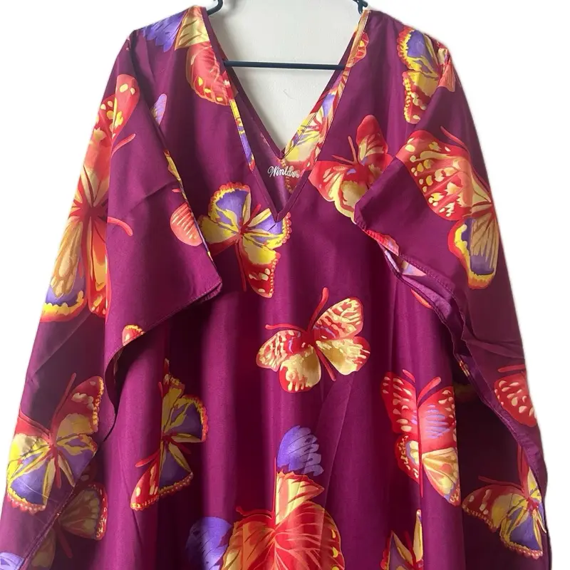 Plus Size Kaftan Dress for Ladies - Casual Women's Wear, V-Neckline, Butterfly Print, Long Sleeves, Ideal for Home, Beach Vacation & Summer