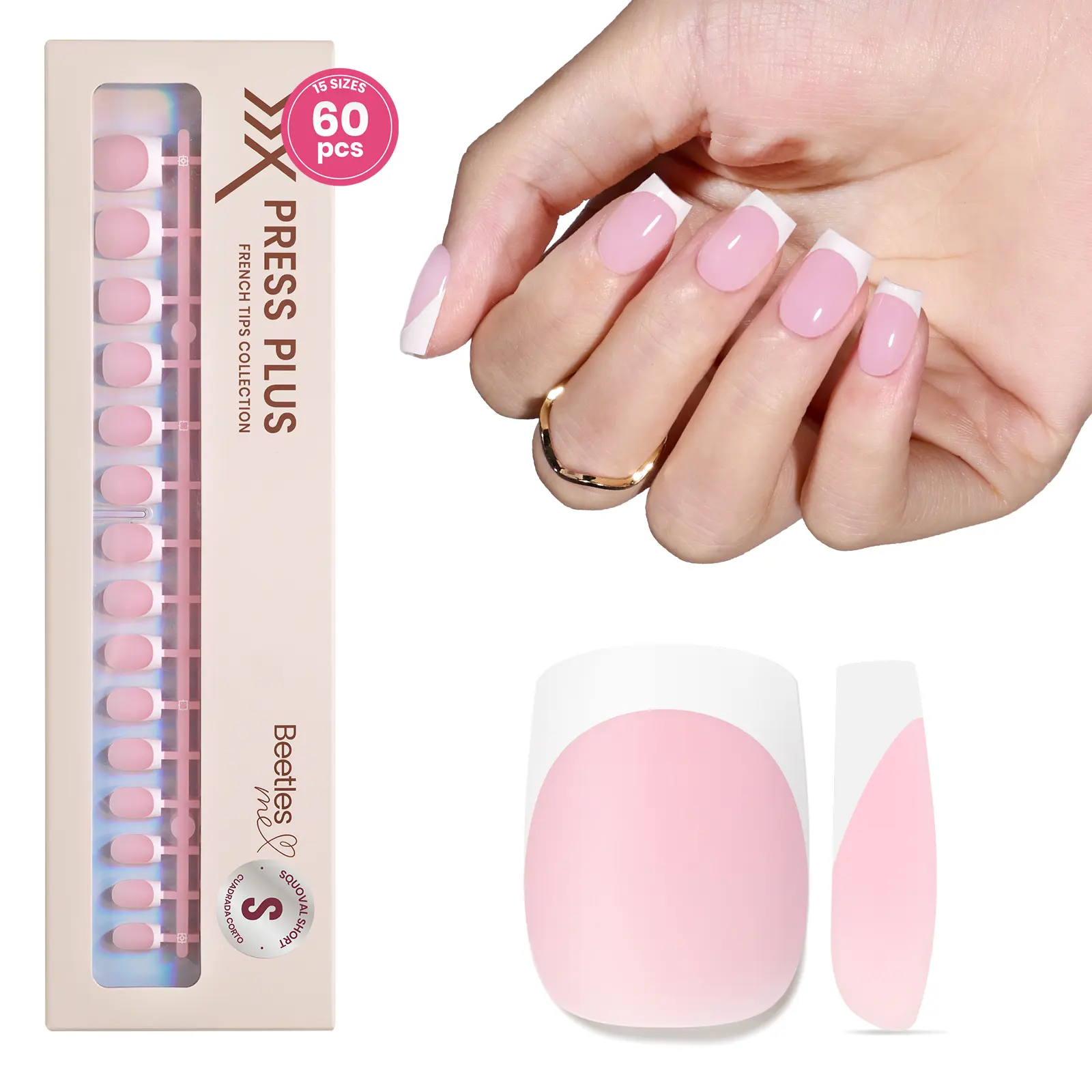 [Exclusive to TTS]Beetles French Tips Press On Nails: Pink Short Long Square Press On Nails Fake Nail Tips, Soft Gel Nail False Nails Art DIY Gifts For Women