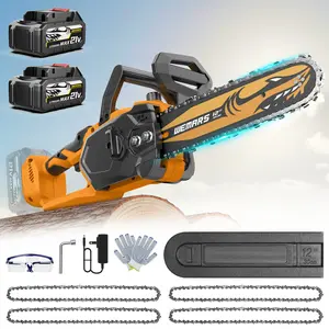 12-inch lithium-ion chainsaw, cordless battery powered, brushless motor, equipped with two 8000mAh batteries, portable handheld design, suitable for wood/tree trimming, home and garden use, 2025 model.