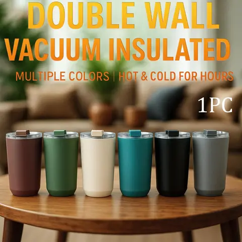 1Pc 15oz Double Wall Stainless Steel Vacuum Insulated Mug with Lid, Travel Mugs Insulated For Hot And Cold, Matte Finish, Keep Hot 6H/Cold 12H, Leak-Proof Cup for Coffee Tea, Office/Commute/Travel/Home Use