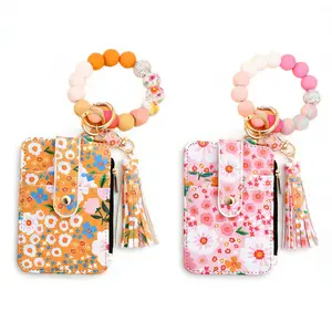 [ Gift Idea for Her ] Ladies' Boho Style Beaded  & Tassel Decoration Keychain with Floral Pattern Wallet, Soft Silicone Beads Keychain, PU Leather Card Holder Wallet