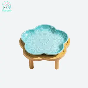 Cute Flower Ceramic Pet Feeding Bowl with Stand, Wide & Shallow Anti-Vomit Dish for Dry & Wet Food, for Cats & Small Dogs