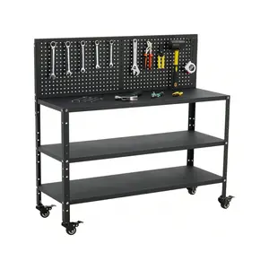 Heavy Duty Steel Rolling Workbench, 47x17 Inch Mobile Work Bench With 2 Adjustable Shelves & Pegboard, 550 Lbs Capacity, Garage Table For Workshop Studio  Workbench With Pegboard, Adjustable Heavy Duty Work Table With Wheels
