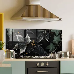 GCKG Luxury marble pattern goldveined leafy marble pattern Tempered Glass Kitchen Backsplash, Stove Back Cover, Stove Splashback, Cutting Board, Kitchen Wall Decor
