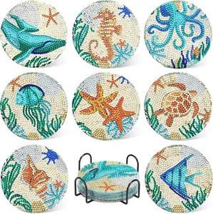Ocean Diamond Art Painting Coaster Kit, 8Pcs DIY Crafts Kit with Holder, Non Slip Coaster Art Supplies for Adults, Ideal Christmas Gift