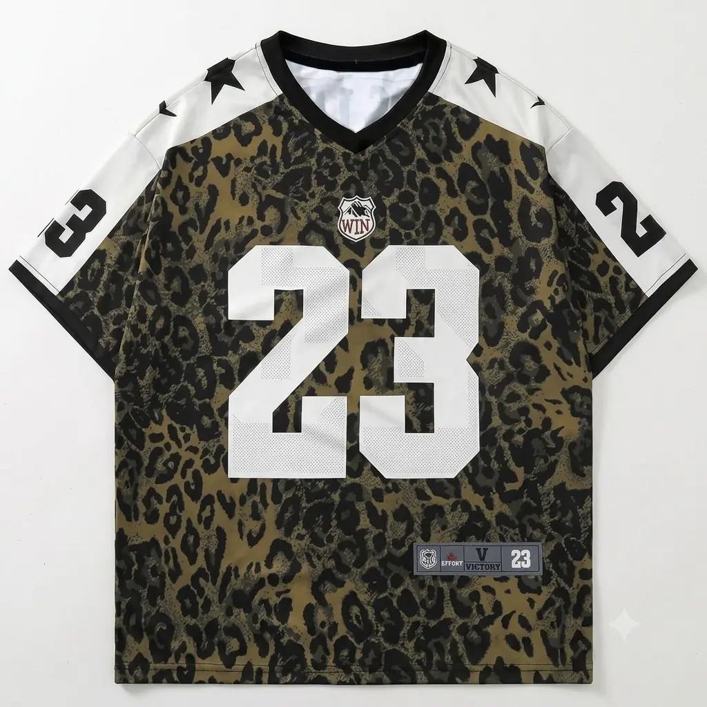 Custom Leopard Print Jersey, Number Graphic Sports Shirt, Color Block V-Neck Athletic Tee