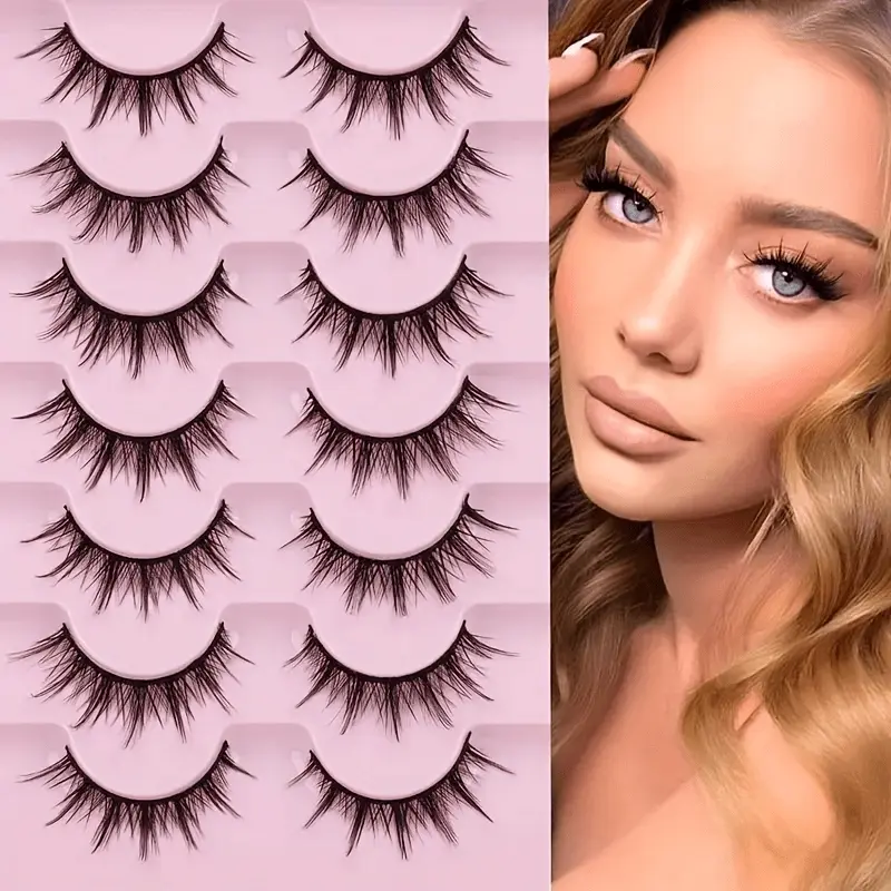 7 Pairs Manga Lashes - Natural Look, 3D Volume, Wispy, Fluffy, Spiky, Anime & Cosplay Eyelashes, Cosmetic, Luxurious Fake Eyelashes - Pack