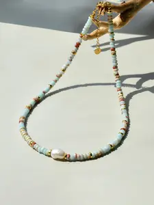 Natural Shoushan Stone & Freshwater Pearl Decor Pendant Design Necklace, Boho Style Jewelry for Women & Girls, Trendy All-match & Exquisite Jewelry for Birthday Gift