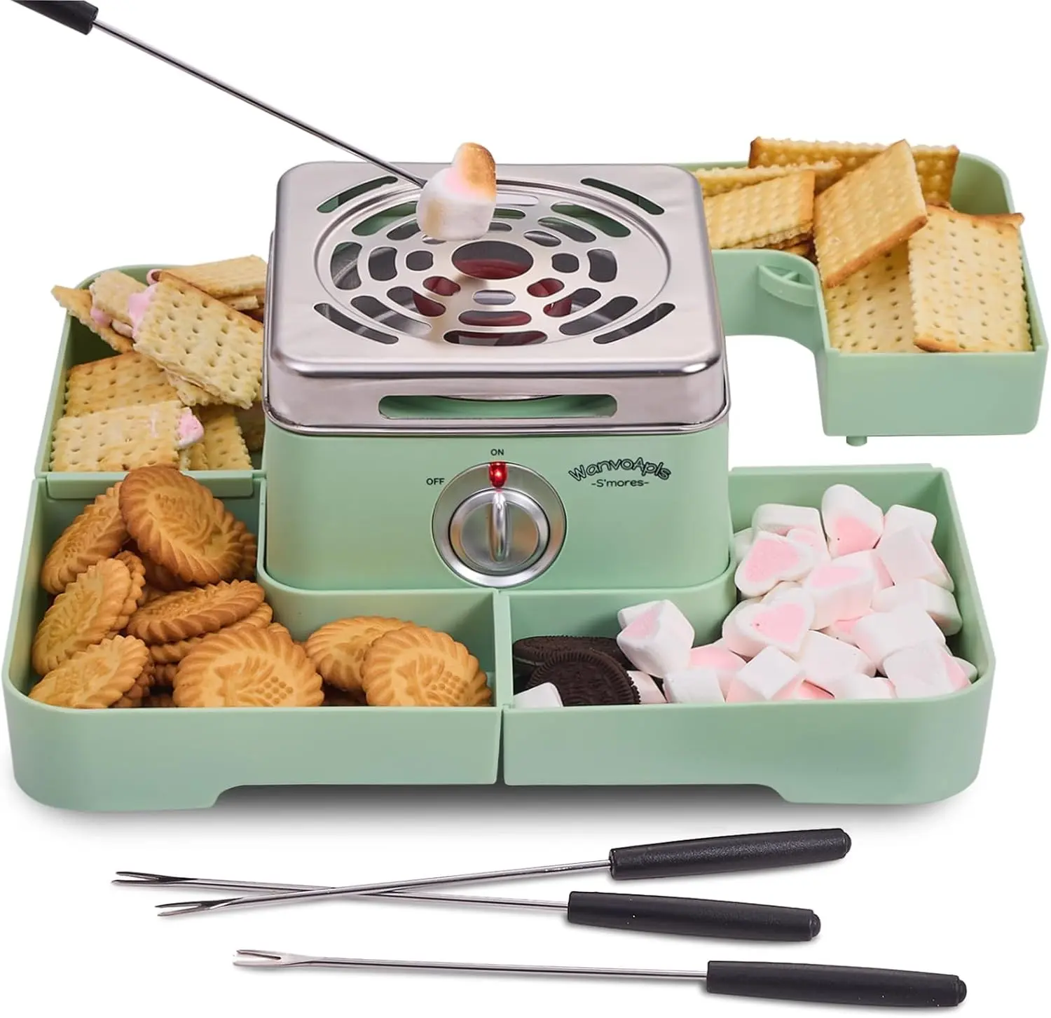 Flameless Electric Indoor Smores Maker Kit with 4 Detachable Trays 4 Stainless Steel Forks Tabletop (Green)