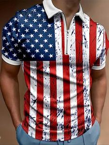men's regular fit flag print half zip polo shirt, breathable casual fit shortsleeve collar top for daily outdoor wear, fashion men's 4th of july streetwear for all seasons, menswear, cozy fabric