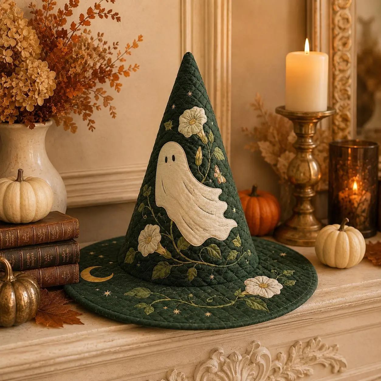 Quilted Ghost Witch Hat Centerpiece with Botanical Moonflower Print – Green Cottagecore Halloween Table Decor, Witchy Fabric Display & Spooky Gift
