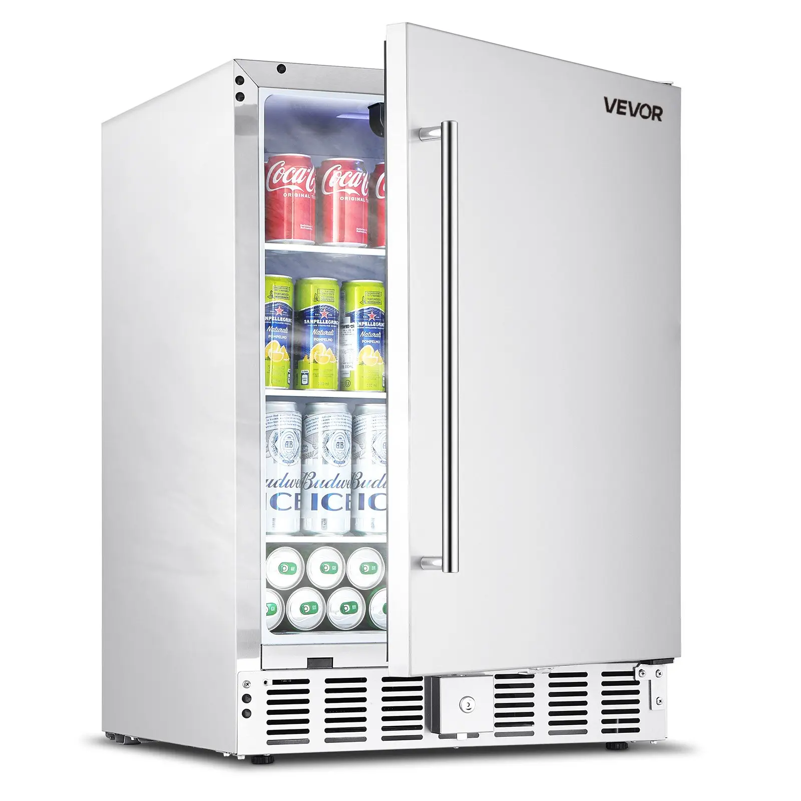 VEVOR 24-In Compressor Beverage Refrigerator, 150 QT Freestanding/Undercounter Fridge, 180-Can Capacity, Stainless Steel Body, Adjustable ft, Quiet Cooling, 32°F-50°F Temp Range, 595x575x855mm, for Home Bar Use, Adjustable Feet, 24-Inch