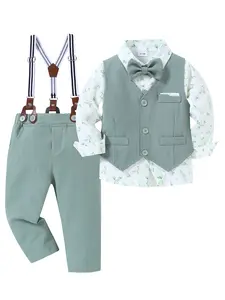 Toddler Boy cute clothes set Baby Boy Suit Gentleman Wedding Outfits Shirt Bowtie Vest Suspender Pants 1-5T Boys Church Birthday Formal Dress