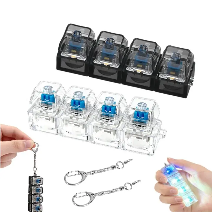 Fidget Keyboard Keychain 2-Pack for Adults & Kids, Plastic 4-in-1 Clicker with LED Light, Creamy and Silent Feel for Stress Relief & Anxiety Management, Focus