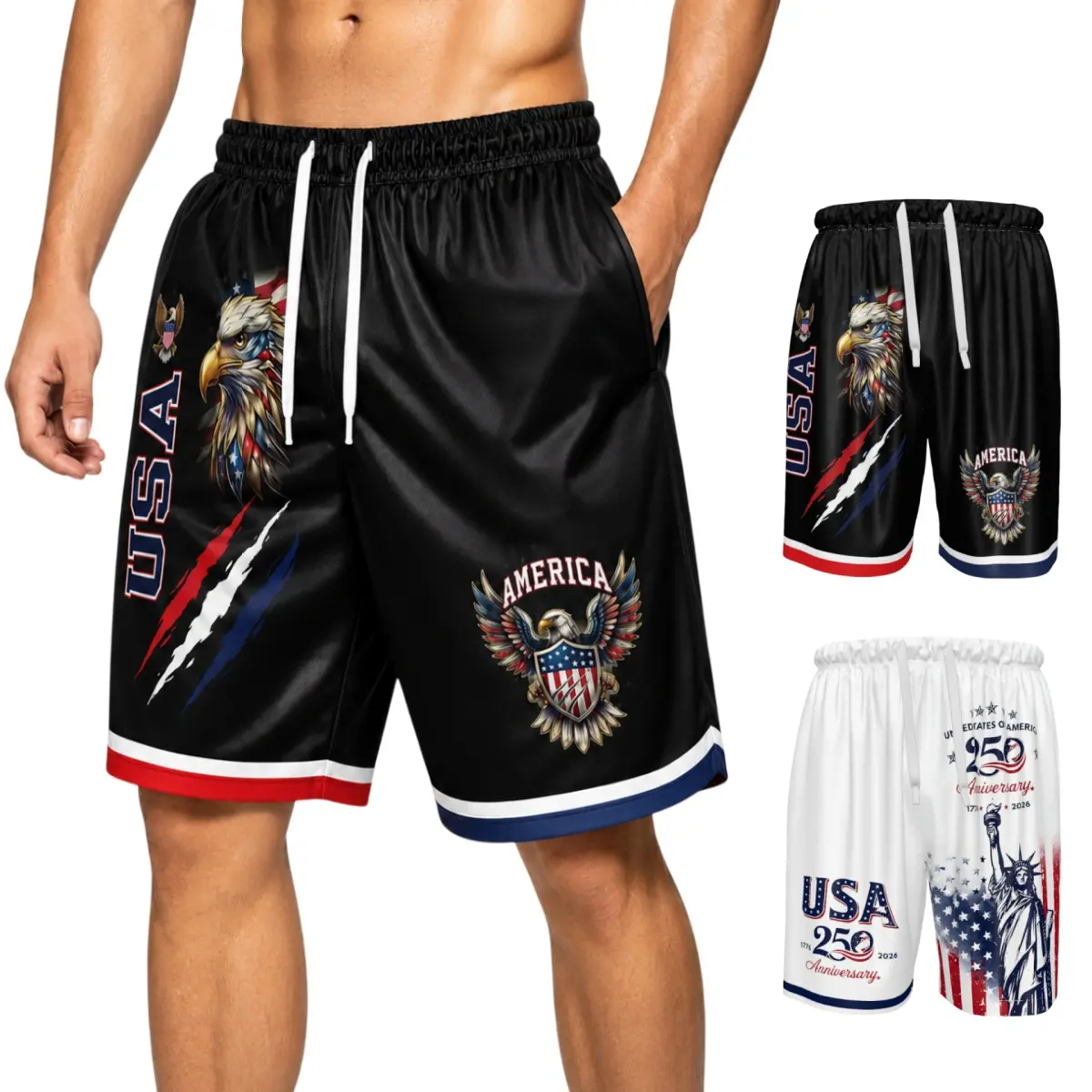 Men's USA Eagle Statue Graphic Swim Trunks Patriotic 250 Anniversary Beach Shorts Quick Dry Lightweight Breathable Shorts with Pockets Elastic Waist Drawstring Summer Swimwear for Vacation, Boating, Resort and Seaside Fun，2XS-6XL