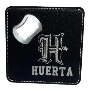 Custom (Set of 4) Bottle Opener Black Leather Coasters - Team Logo and Last Name Kitchen Utensils