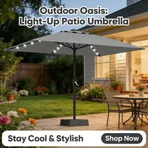 LH-Garvee 15FT Rectangular Patio Umbrella with Solar and LED Lights, Portable Canopy Tent Instant Sun Shelter UV Protection Easy Setup for Camping Beach Sports Events Commercial Booth Backyard