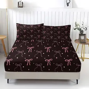 3-piece of Black and pink bow pattern bed sheets, including 1 bed sheet and 2 pillowcases, with anti slip and dust-proof covers suitable for bedrooms and daily holiday, birthday, and gift giving occasions Bed Sets Supplies