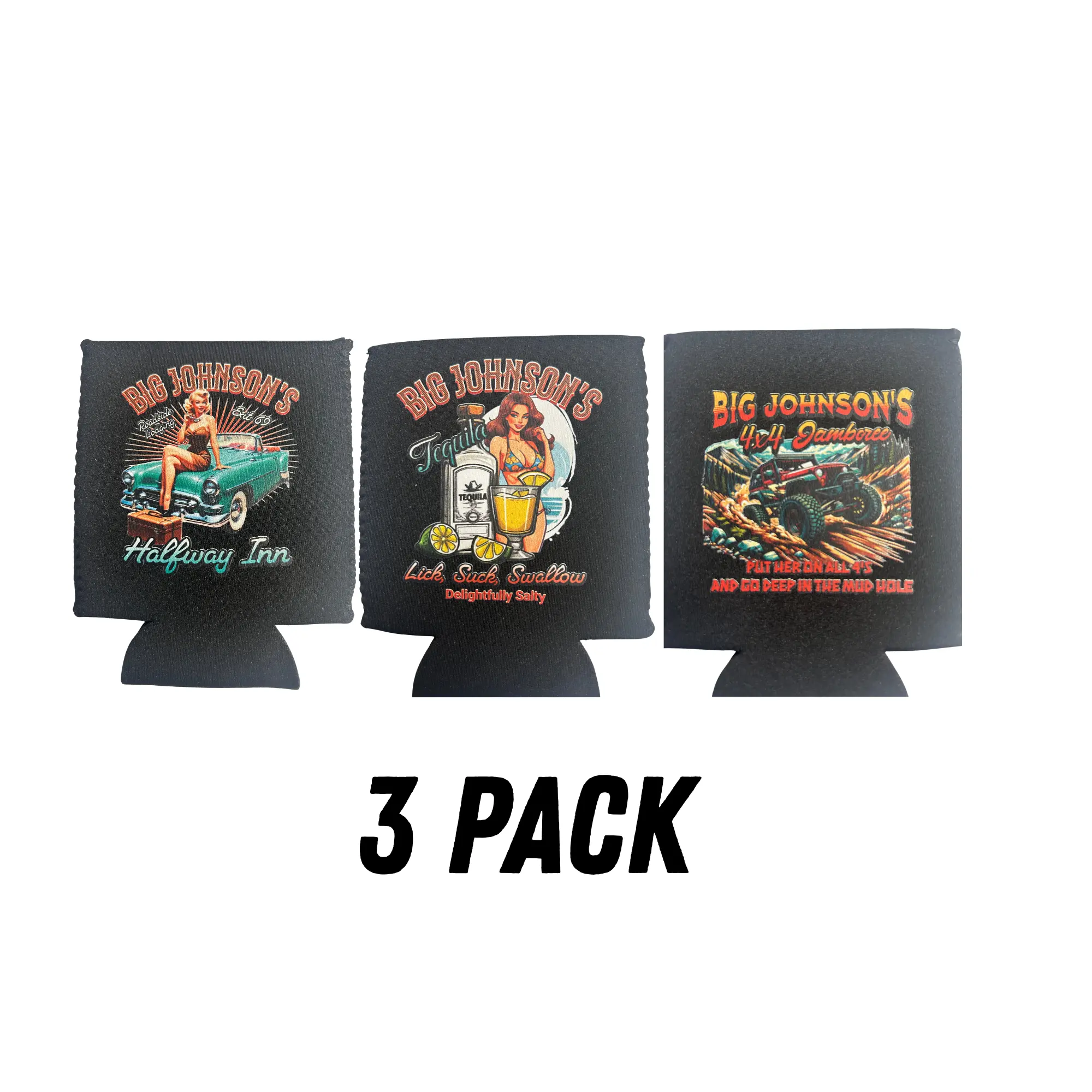 Big Johnson 3-Pack Stylish Insulated Portable Can Coolers, Koozies Drinkware Set (pack of 3), Pack Of Three
