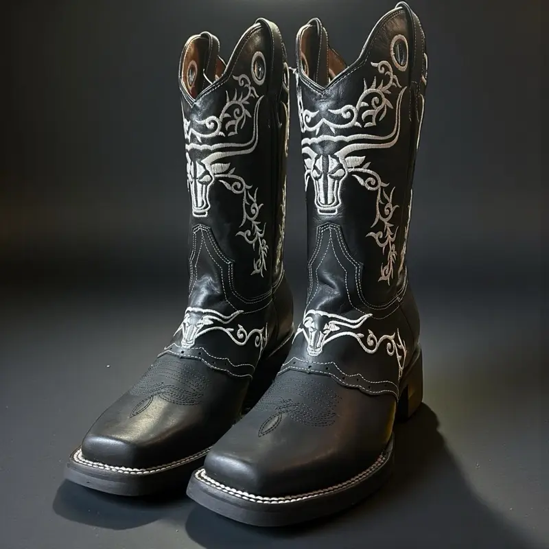 Men’s Embroidered Cowboy Boots. Black Cowhide Leather Boots. Square Toe Rodeo Bull Riding Boots. Bota Vaquero Con Bordado. Bota De Hombre.