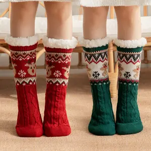 Christmas Knitted Mid-Calf Socks for Kids & Women - Warm Fleece-Lined Socks with Festive Reindeer & Gingerbread Man Patterns