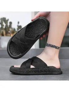Versatile imitation linen edge wrapped slippers, men's summer non slip and wear-resistant daily casual cool slippers
