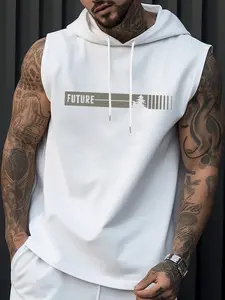 Men's Casual Hooded Sleeveless T-Shirt, Letter Pattern Print, Fashion Versatile Sports Style, Summer Fitness Outdoor Wear, Gym Tees