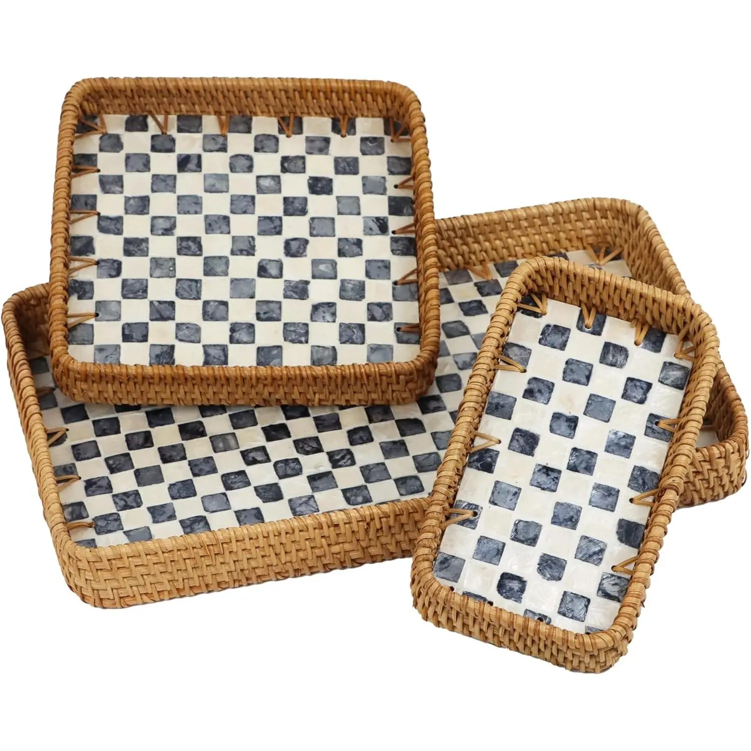 3-Piece Stylish Lightweight Rattan Tableware Set - Rectangular Black Checkerboard Mother-of-Pearl Inlay Tea Coffee Trays, Natural Wicker Organiser for Home Decor, Kitchen Counter