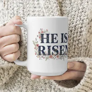 He Is Risen Floral Coffee 11oz & 15oz Mug, Aesthetic Botanical Easter Gift for Women, Elegant Christian Scripture Coffee Cup, Religious Resurrection Sunday Mug, Navy Blue Seriph Lettering Faith Cup