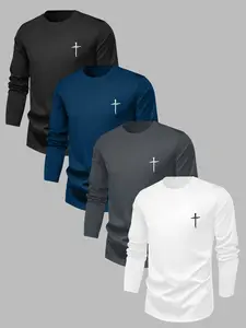 4 Pack Minimalist Cross Graphic Fitted Long Sleeve Tees - Multi Color Casual Basic Outfit for Christian Men