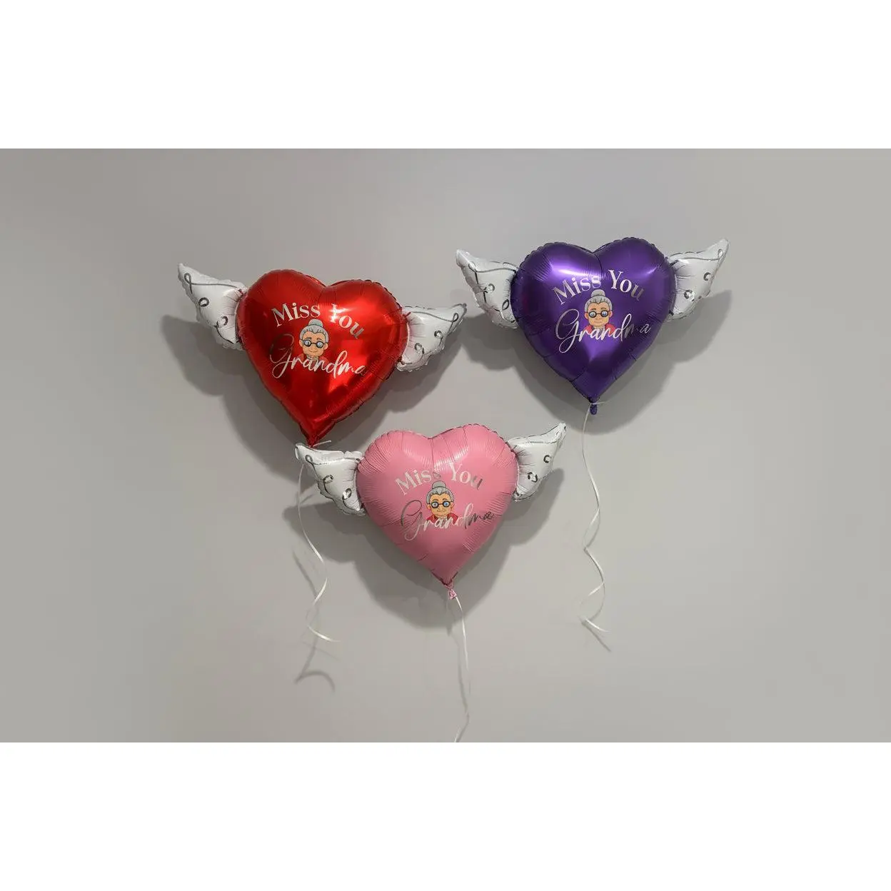 Miss You Grandma Memorial Balloon 17" – Heart with Angel Wings | 2-Pack | Purple, Red or Pink
